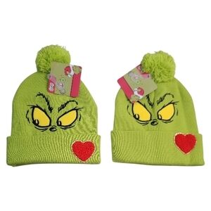 2 The Green Grinch Beanie with Heart Patch Knit Beanies Unisex OSFM New